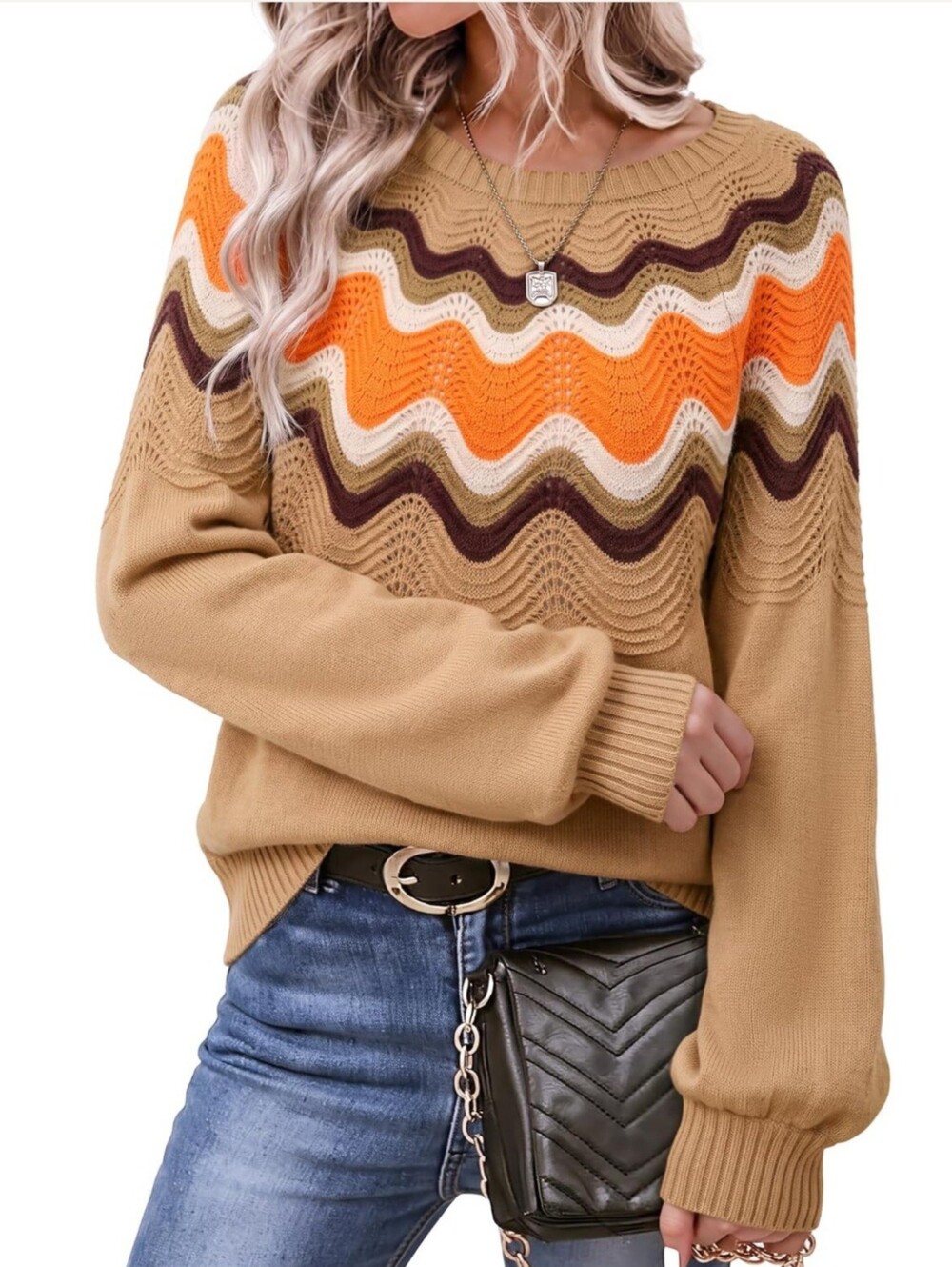 Womens Casual Colorblock Wave Knit Fall Sweater in Tan and Orange